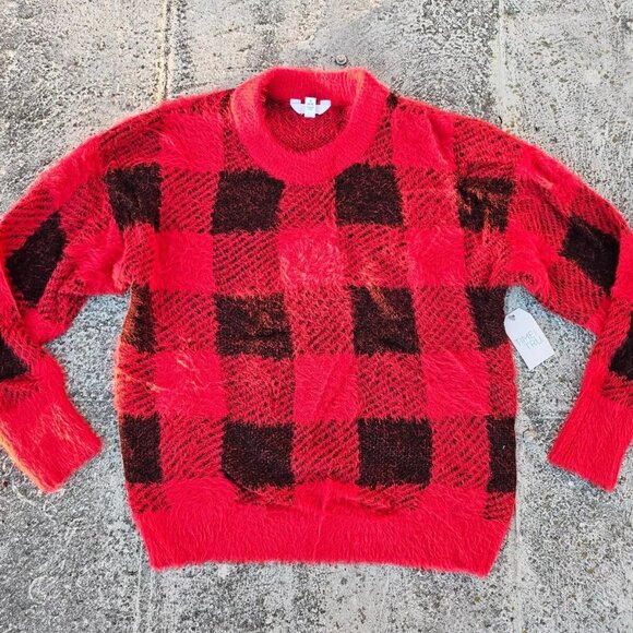 Time and Tru Ladies Sweater Red/Black Plaid Long Sleeve Crewneck Top Size S 4-6 - Picture 1 of 11